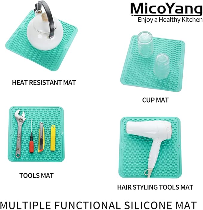 MicoYang Silicone Dish Drying Mat for Multiple Usage,Easy clean,Eco-friendly,Heat-resistant Silicone Mat for Kitchen Counter or Sink,Refrigerator or Drawer liner Mint M 12 inches x 12 inches