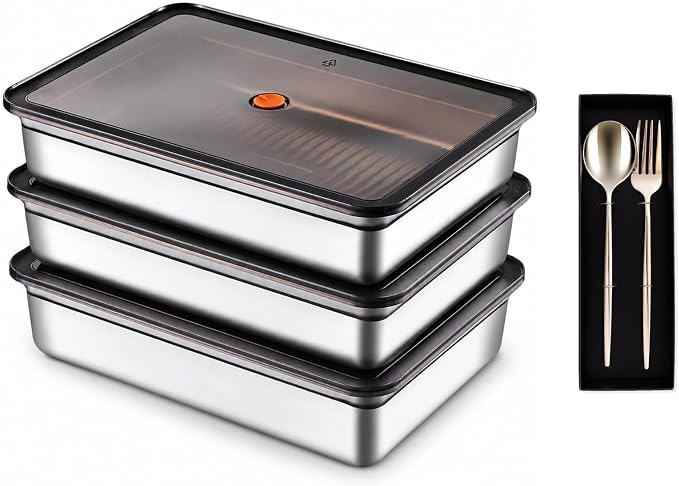 3-Pack Stainless Steel Food Storage Containers with Airtight Lids - Vacuum Seal Meal Prep Containers for Fridge Organization - Leakproof & Stackable Food Storage Set for Kitchen Freezer & Oven Safe