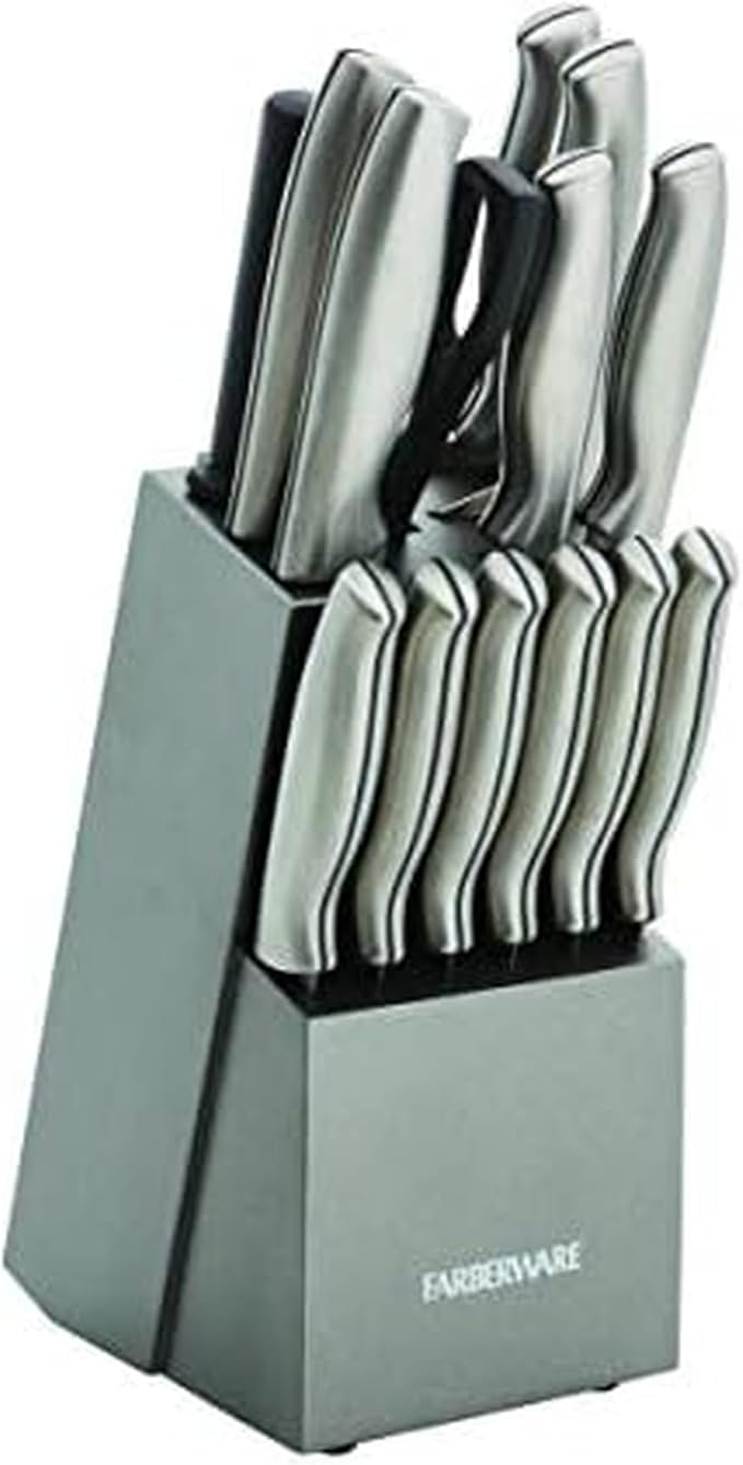 Farberware 15-Piece Knife Block Set, High Carbon Stainless Steel Kitchen Knife Set with Graphite Block, Chef Knife, Bread Knife, Santoku, Steak Knives, and Sharpening Steel