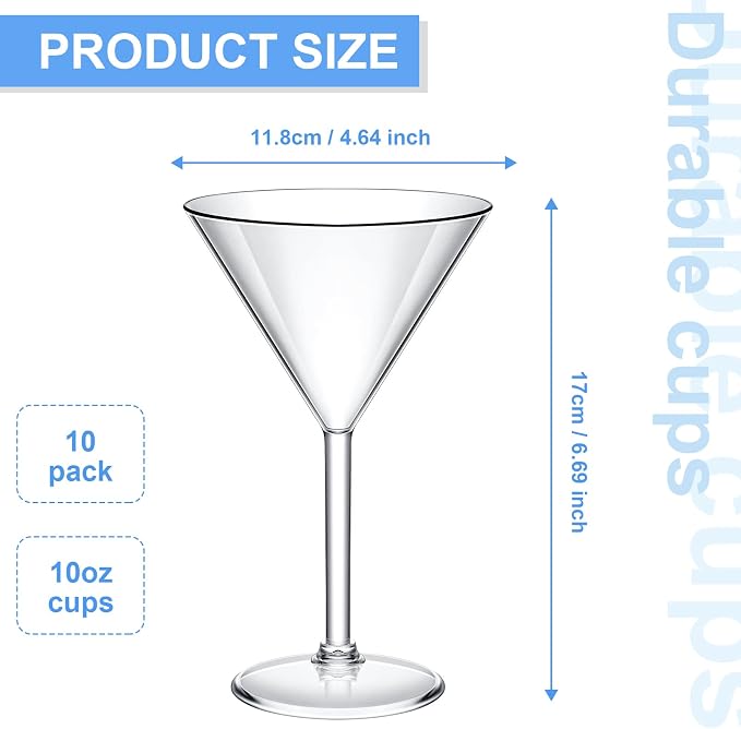 12 Pack Acrylic Martini Glasses Bulk 9.5oz Large Reusable Clear Cocktail Glasses Unbreakable Acrylic Plastic Cup Drinkware Summer Pool Party, Outdoors, Camping, and Backyard Bar Supplies