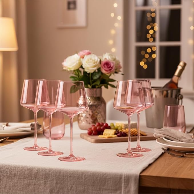 Physkoa Pink Wine Glasses Set 6-16oz Blush Pink Wine Glasses With Tall Long Stem and Flat Bottom,Pink Glassware for Home Decor & Gifts