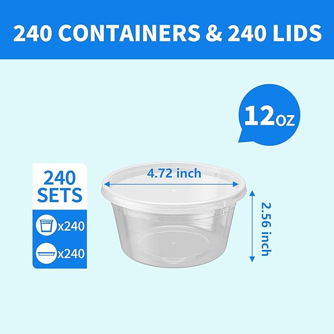 240 Sets 12oz Deli Food Storage Containers, Plastic Takeout Deli Cups for Meal Prep Leftover, Reusable Round Soup Containers with Lids, BPA Free, Stackable, Leakproof, Microwave and Freezer Safe