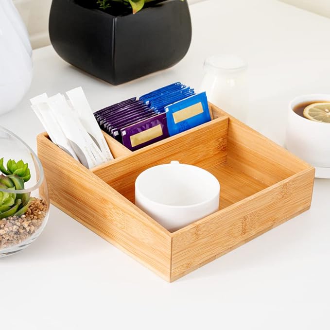 Restaurantware-8.3 x 8.3 x 2 Inch Coffee Condiment Organizer, 1 Square Creamer Organizer - 3 Compartments, Break-Resistant, Bamboo Coffee Accessory Caddy, Won't Chip, For Sugar Packets And Creamers