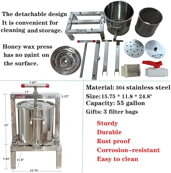 Honey Press Extractor Wax Machine Stainless Steel Honey Press Beeswax Machine Manual Large Bee Honey Presser Fruit Wine Press For Honey Wine Juice Vegetables Olive Oil Making