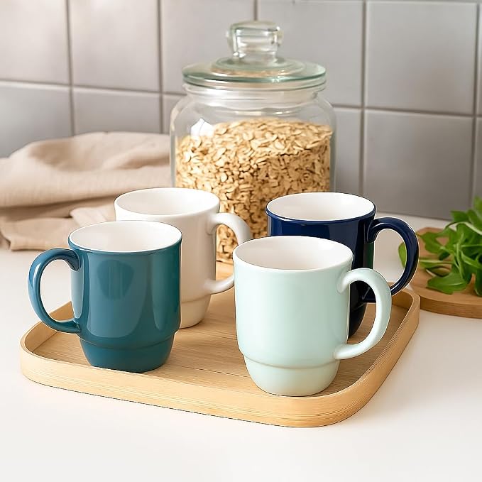 Stackable Porcelain Coffee Mug Set of 4 – 16oz Large Handle, Space-Saving Ceramic Mugs for Kitchen & Coffee Bar, Microwave & Dishwasher Safe • Modern Home Gift