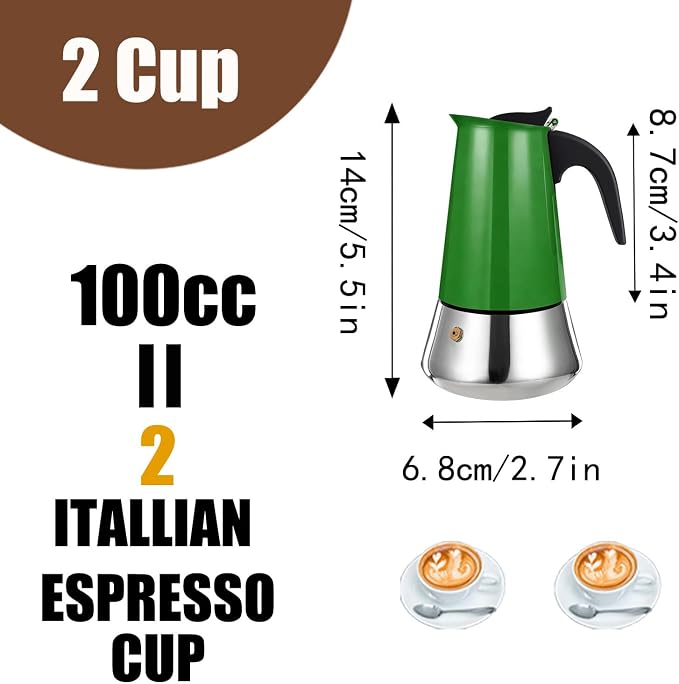 2 Cup Stovetop Espresso Maker Stainless Steel Moka Pot Stove Top Percolator Italian Coffee Makers Capable Mocha Greca Machine Cafe Classic Induction Cookers for Home and Camping 100ml 3.3oz