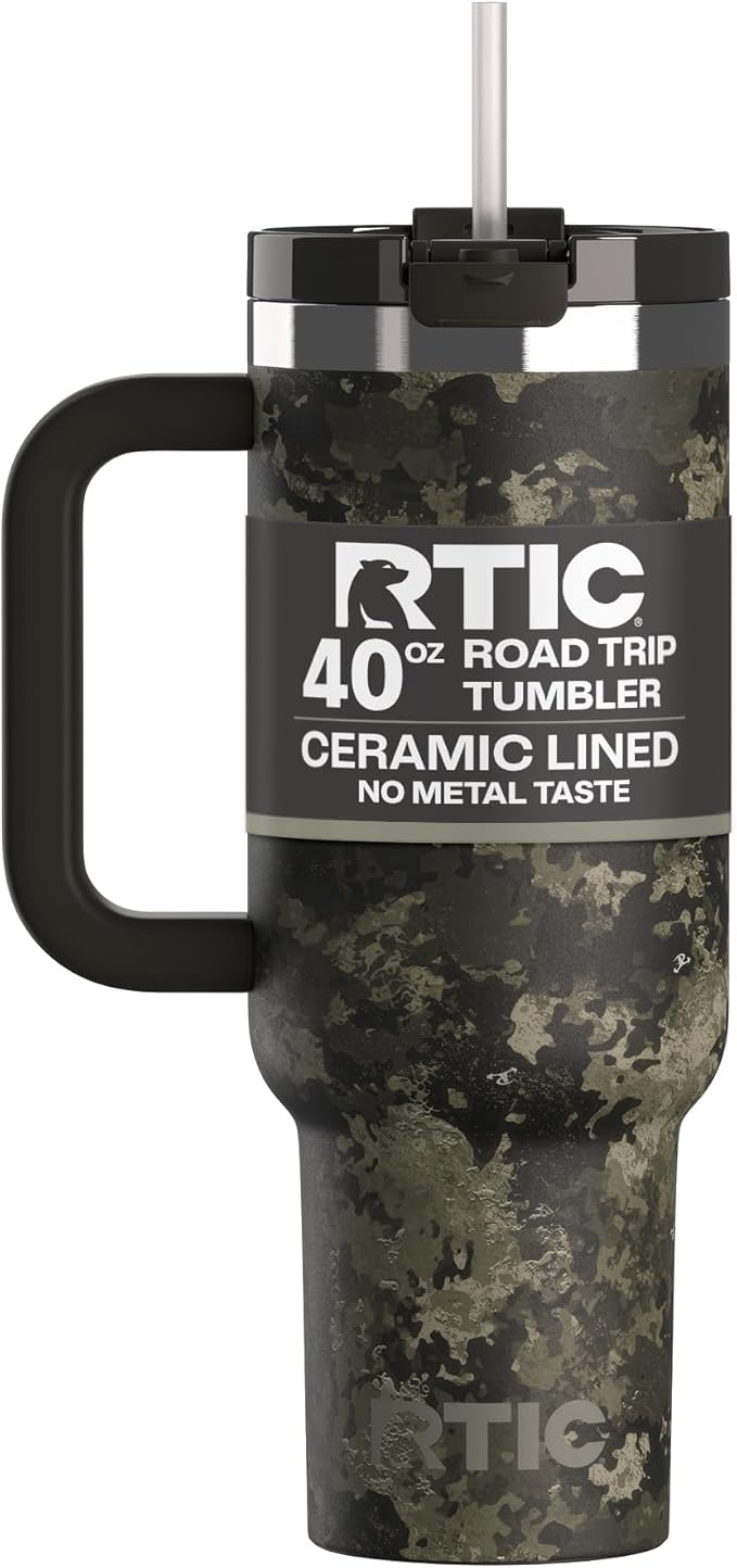 RTIC 40 oz Road Trip Tumbler Double-Walled Cermaic Lined Insulated Stainless Steel Portable Travel Coffee Mug Cup with Lid, Handle and Straw, Olive Midnight Camo