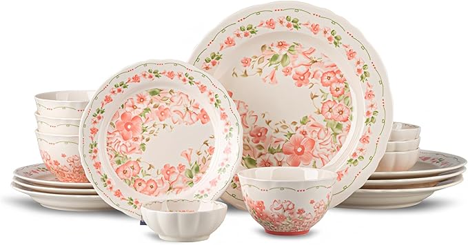 16-Piece Dinnerware Set for 4, Ceramic Plates and Bowls Sets, Microwave & Dishwasher Safe Dish Sets for Daily Use & Gifting, with Morning Bloom Floral Vine Pattern