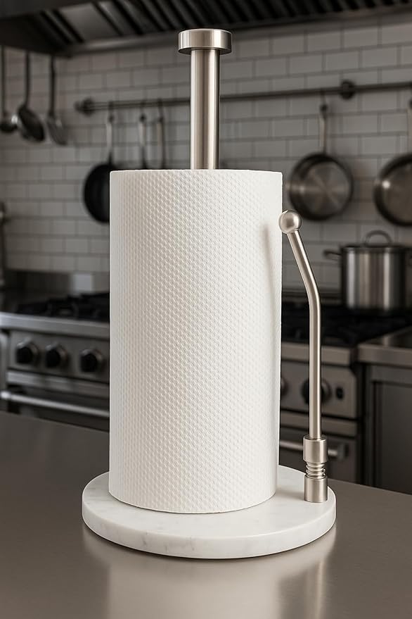 Paper Towel Holder with Marble Base – Weighted Countertop Stand, One-Hand Tear, Stainless Steel Rod, Natural Stone Base, Available in Gray & White Marble