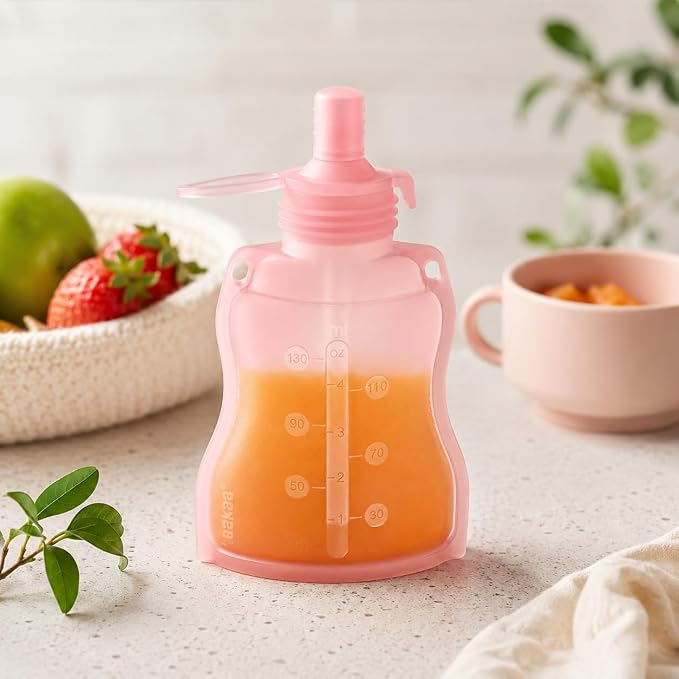 haakaa Silicone Yummy Pouch 4.5 oz – Reusable Silicone Snack & Smoothie Pouch, Refillable, Leak-Resistant, Dishwasher Safe, Eco-Friendly Food Storage for Babies Kids & Toddlers (2-PK, Strawberry)