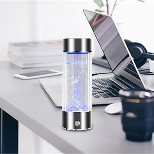 Hydrogen Rich Water Generator Ionizer Maker Cup Portable Cup Filter, 450ML Bottle PHHS Technology Ionizer, USB Rechargeable Anti Aging Antioxidant Glass Bottle (Silver & Blue)
