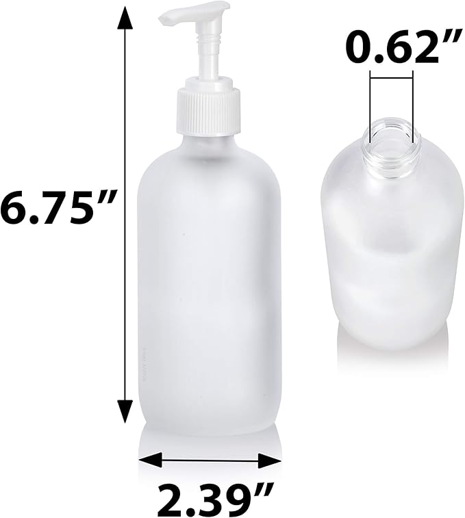 JUVITUS 8 oz Frosted Clear Glass Boston Round Bottle with White Lotion Pump (12 Pack)