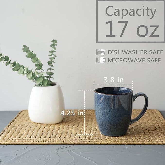 Bosmarlin Ceramic Coffee Mug Set of 4, 17 Oz, Coffee Cups with Big Handle, Microwave Safe, Unique Reactive Glaze (Multicolor, 17 Oz)
