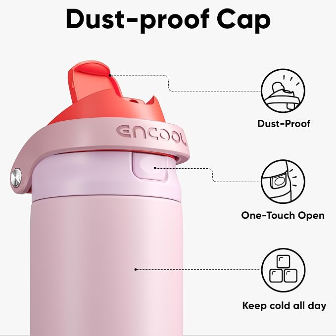 ENCOOL Leakproof Insulated Water Bottle with Straw Dual-Sip Water Bottle Bag-Safe Design for Work, Commute & Gym – Keeps Drinks Cold All Day, 24 oz, Lychee Pink