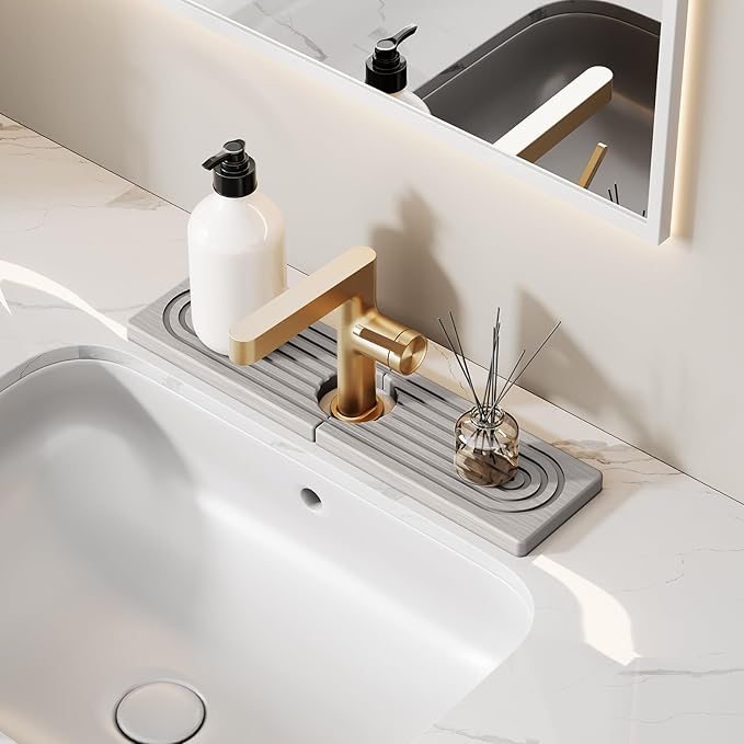 15.7 Inch Stone Faucet Mat for Kitchen Sink Splash Guard - Diatomite Quick Dry Stone Mat Kitchen Sink Protectors, Water-Absorbent Faucet Handle Drip Catcher Tray with Drainage (Gray, 15.7" x 3.9")