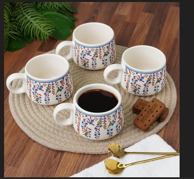Servo Best Handmade Cermaic Tea Cup Set of 4-5 Oz Small Cups for Espresso, Cappuccino, Tea, Chai – Dishwasher & Microwave Safe – Gift Set for Coffee Lovers, Kitchen, Home, Office - Floral Print