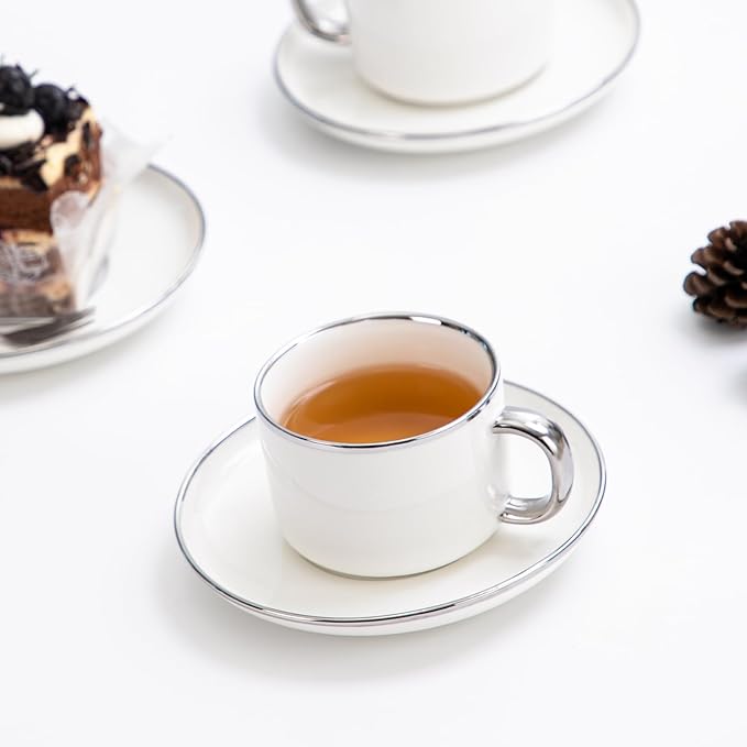 Agyiuns Tea Cups and Saucers with Silver Trim, 6.76 Ounce White Porcelain Tea Set & Coffee Cups for Latte, Cafe Mocha - Set of 4, Porcelain Mugs for Kitchen or Cafe (White and Silver)