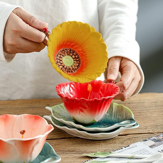 WAYUTO 3D Ceramic Coffee Mug and Saucer Set with Spoon Sunflower Coffee Mug Tea Cup with Decorative Handle Vintage Floral Drinking Cups Unique Gifts for Birthday Wedding Christmas 6oz Yellow