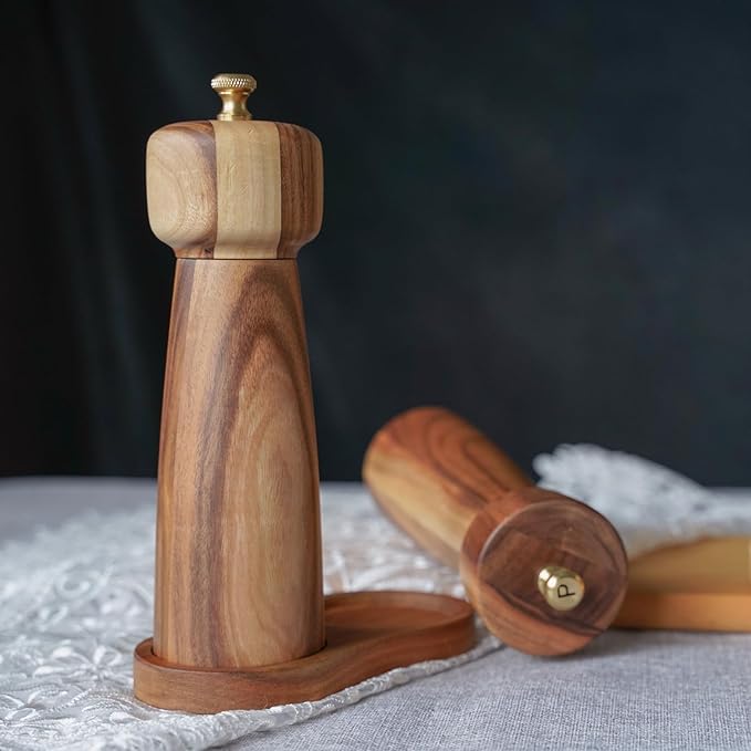 Salt and Pepper Mill Set with Tray, Adjustable Ceramic Grinder Salt Mill, Stainless Steel Grinder Pepper Mill, Acacia Wood, 20.5 cm/ 8 Inch Height, Bottom Dia 6 cm /2.36 inch