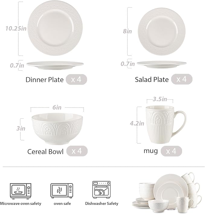 16-Piece Ceramic Dinnerware Set for 4, Athens Palace Relief Dishes and Plates Sets, Includes Mugs, Plates and Bowls, Elegant High-Temperature Reinforced Porcelain, White