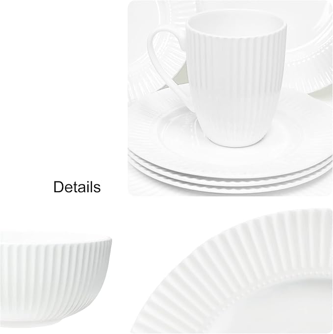 Dinnerware, 16 Piece Set Bone China, Service for 4, White Embossed stripe Dishes, Microwave Safe, Chip Resistant, Dishware, For Formal Casual and Everyday Living, Plates and Bowls Set