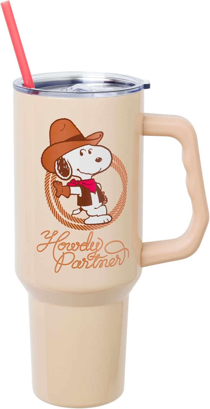 Silver Buffalo Peanuts Western Howdy Partner 40oz Stainless Steel Tumbler w Handle