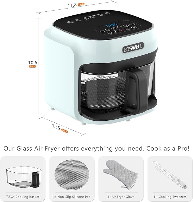 7.5 QT Glass Air Fryer, Transparent Fry Bowl, Circulating Heating & Temperature Control, Stainless Steel Interior, Dishwasher Safe, Green