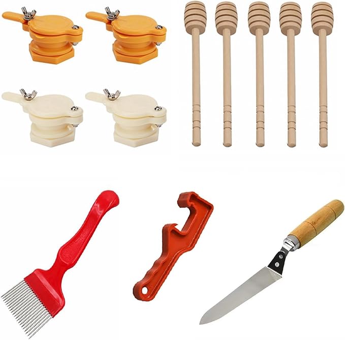 Honey Bucket Honey Extraction Tool Set,8 Tools and A Total of 19 Items，5 Gallon Honey Uncapping Tank Holder，Honey Bucket Frame Holder，Uncapping Fork Knife, Honey Gate, Honey Filter Bag