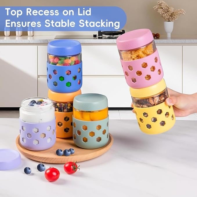 6-Pack Mason Jars with Silicone Sleeves, Airtight Food-Safe Containers with Lids, Leak-Proof Meal Prep Jars for Oats, Yogurt, Snacks