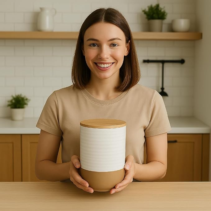 HASENSE 80oz White Ceramic Food Storage Jar with Bamboo Lid – 7.5 Inch Minimalist Kitchen Canister for Pantry, Dry Goods, Sugar, Tea, Flour – Airtight Wide Mouth Container with Natural Base