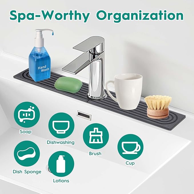 16 Inch Stone Faucet Mat for Kitchen Sink,Quick Dry Stone Mat Kitchen-Sink Water Splash Guard,Diatomite Protector with Super Absorbent&Leak Proof Circular for Kitchen Bathroom Counter（Dark Grey）