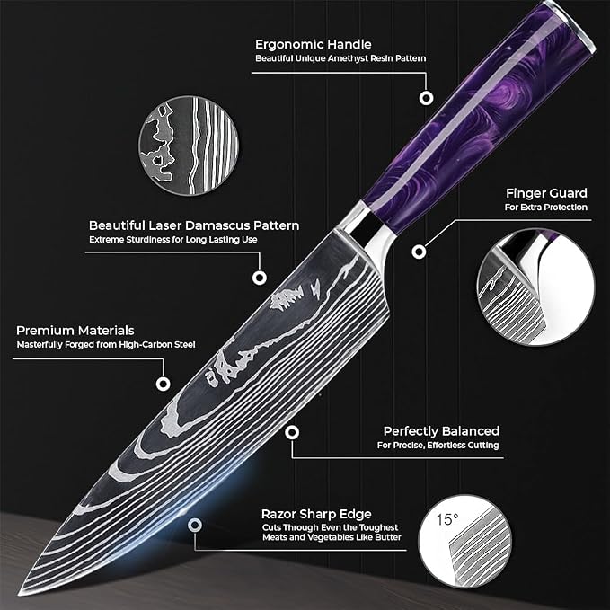 SENKEN 8-Piece Japanese Knife Set with Purple Resin Handle and Laser Damascus Pattern - Amethyst Collection - Chef's Knife, Cleaver, Santoku, Paring Knife, & More (Amethyst Purple)