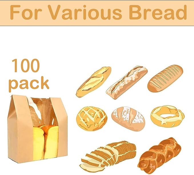 Large Paper Bread Bags for Homemade Sourdough-Bread Packaging Bag for Gifting, Label Seal Sticker Included Pack of 100(11.8x8.2x3.5 inch)