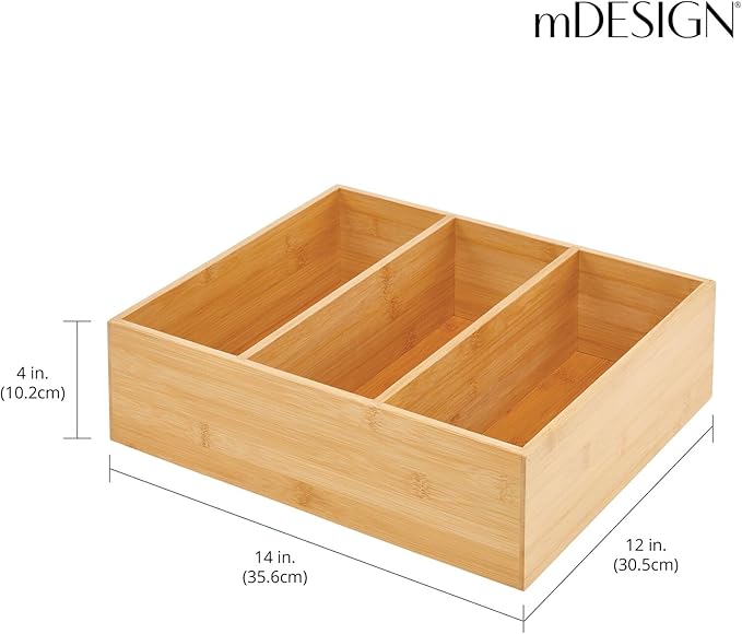 mDesign Bamboo Pantry Organizer Bin Box, 3 Sections - Wooden Stackable Basket Crates for Food, Produce, Vegetable Storage - Use on Shelves or in Closet, 2 Pack, Natural/Tan