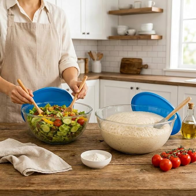 Glass Sourdough Mixing Bowls with Lids, 2-Pack Large Capacity Clear Bowls, 4.76 Quart for Bread Making, Perfect for Mixing, Proofing, Storing Dough