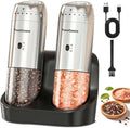 Electric Salt and Pepper Grinder Set, Dual-Speed Automatic Gravity Pepper Grinder with Charging Base, Adjustable Coarseness, LED Light, 5.95oz Large Capacity, Stainless Steel Spice Mill for Kitchen