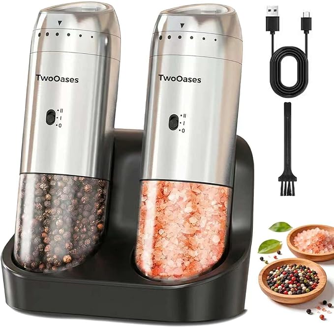 Electric Salt and Pepper Grinder Set, Dual-Speed Automatic Gravity Pepper Grinder with Charging Base, Adjustable Coarseness, LED Light, 5.95oz Large Capacity, Stainless Steel Spice Mill for Kitchen