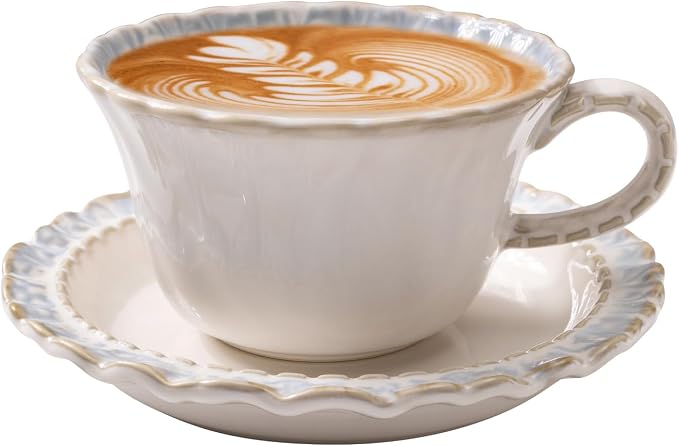 Vintage Porcelain Coffee Cup and Saucer Set, 12 OZ Ceramic Latte Mug - Farmhouse Cappuccino Cups for Espresso and Turkish Coffee, Artisan Tea Cups, Great Barista Gift for Home Cafe