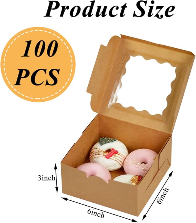 QTLCOHD 100 Pack 6 x 6 x 3 Inch Bakery Boxes with Window Brown | Small Cupcake Box Individual Kraft Cookie Pastry Boxes for Pastries, Cookies, Pie, Donuts, Macaroon