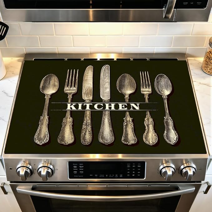 Stove Mat 28.35 x 20.47 Inch Vintage Cutlery Display with Classic Spoon Fork Knife on Dark Background Rustic Kitchen Art Style Timeless Antique Decor Look