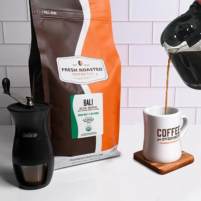 Fresh Roasted Coffee, Organic Bali Blue Moon Whole Bean Coffee, Medium Roast, USDA Organic, Kosher, 5 lb (80 oz)