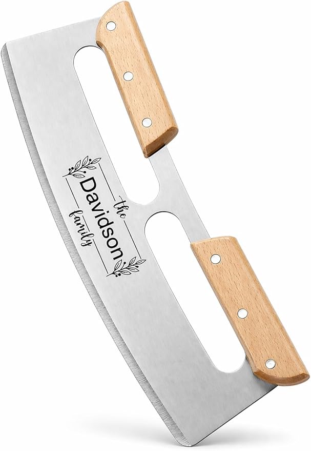 Personalized Pizza Cutter Rocker Knife 14” – No Dragging, Clean Cuts Every Time, Heavy Duty Stainless Steel Blade with Wood Handles, Professional Mezzaluna Pizza Slicer