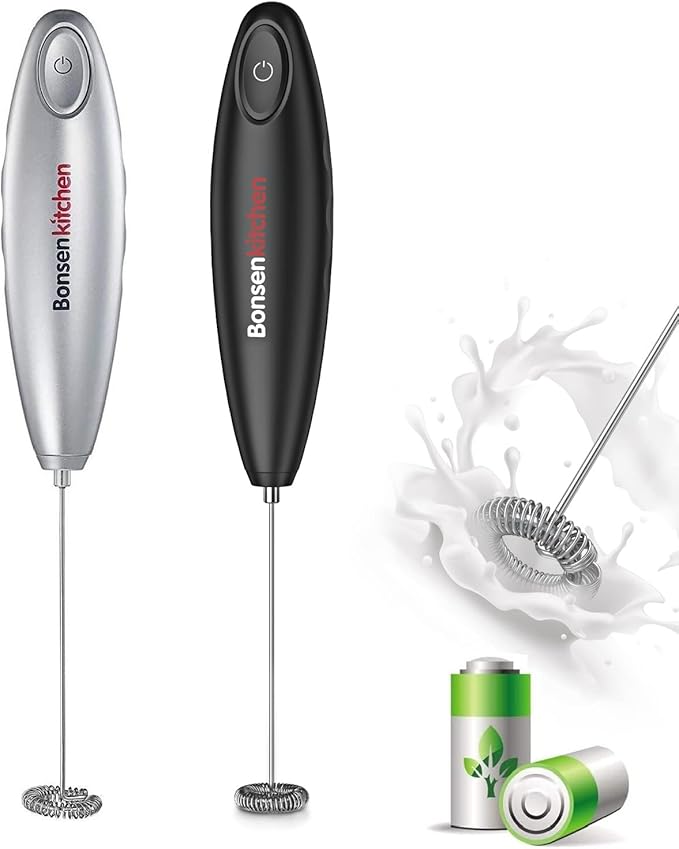 Bonsenkitchen Milk Frother Handheld Battery Operated Electric Foam Maker, Drink Mixer with Stainless Steel Whisk for Cappuccino, Matcha (Silver+Black)