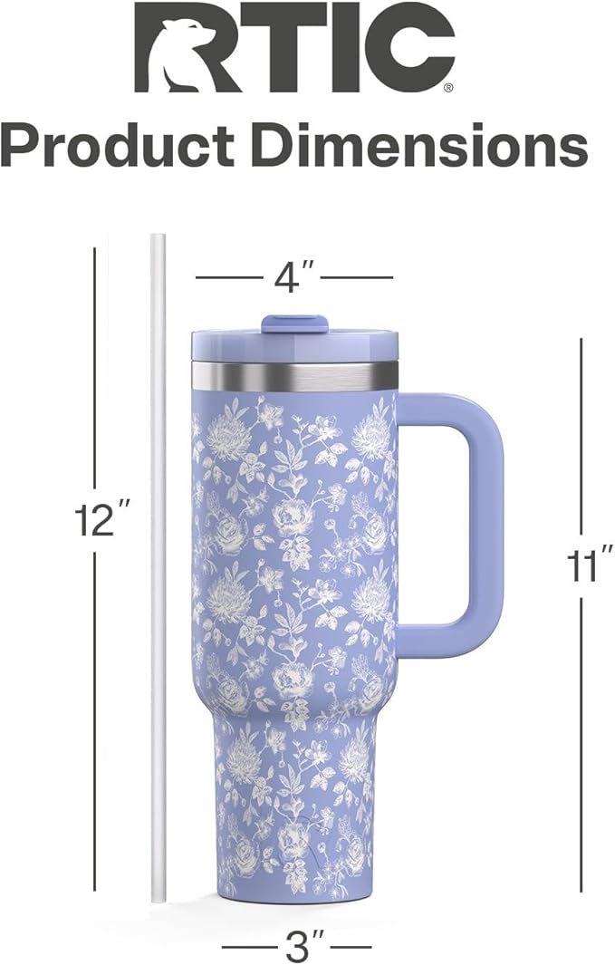 RTIC 40 oz Road Trip Tumbler Double-Walled Cermaic Lined Insulated Stainless Steel Portable Travel Coffee Mug Cup with Lid, Handle and Straw, Periwinkle Bouquet