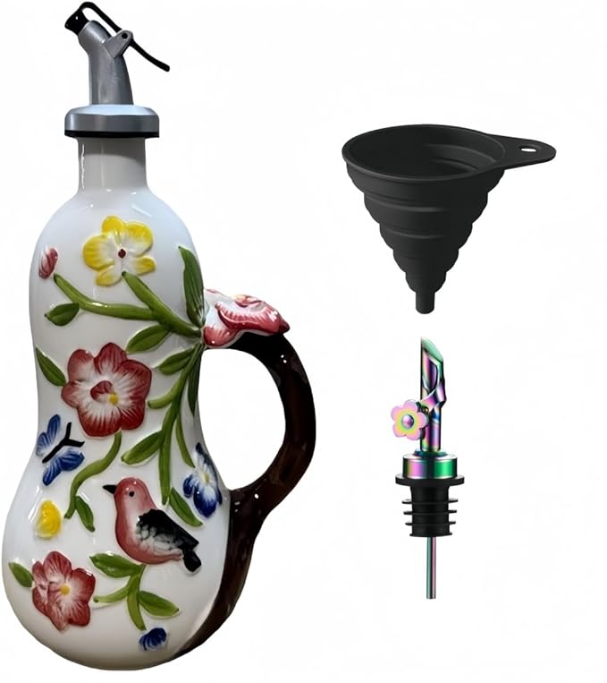 18.26oz/540ml Decorative Olive Oil Dispenser Bottle for Kitchen,Hand Painted Relief Ceramic Olive Oil Bottle,Ceramic Oil Container (Handmade Flowers)