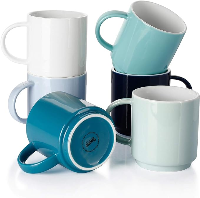 Sweese Stackable Coffee Mugs - 10 Oz Porcelain Cups for Specialty Coffee Drinks, Cappuccino, Cafe Mocha, Latte and tea, Set of 6, Cool Assorted Colors