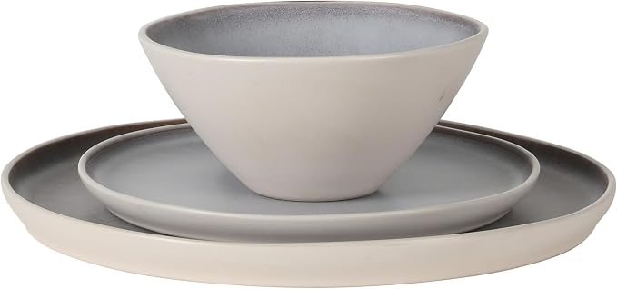 Gibson Elite Coastal Forest Plates and Bowls Sets, 12-Piece Stoneware Dinnerware Sets, Triple Reactive Glaze Dish Set - Light Grey and Cream White