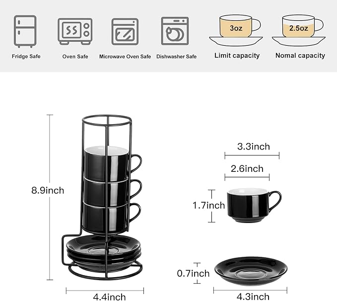 YOLIFE 2.5oz Espresso Cups Set of 4, Porcelain Stackable Espresso Cups, Expresso Shots Cup Set with Saucers and Metal Stand-Black