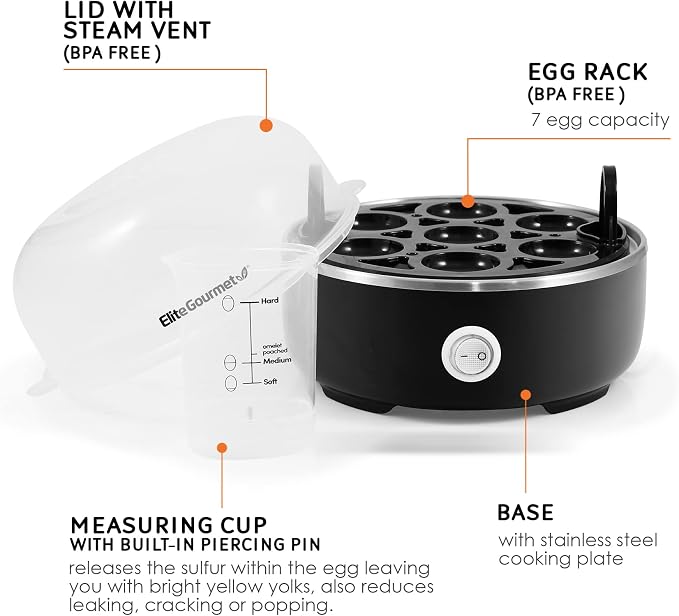 Elite Gourmet EOM205 Non-Stick Omelet, Frittata, Snack Pocket Maker, Dessert Maker & EGC115B Easy Egg Cooker Electric 7-Egg Capacity, Soft, Medium, Hard-Boiled Egg Cooker with Auto Shut-Off