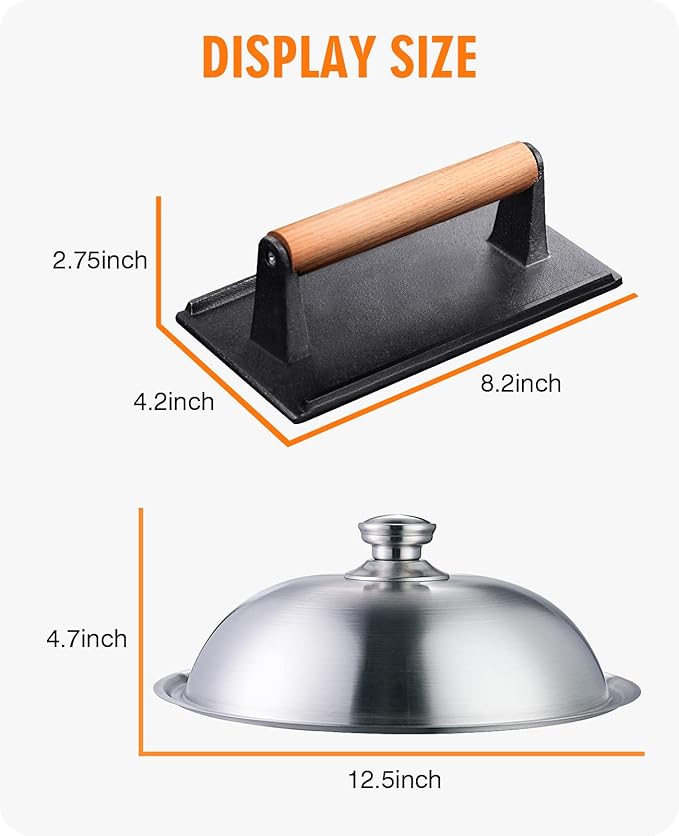 HOMENOTE Griddle Accessories for Blackstone, Commercial Grade 12 Inch Heavy Duty Melting Dome with Rectangle Cast Iron Smash Burger Press Perfect for Flat Top Hibachi Grill Indoor Outdoor